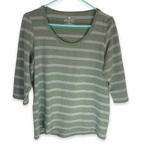 Jockey Womens XL Green Gray Striped Scoop Neck Top 3/4 Sleeve Stretch Athleisure